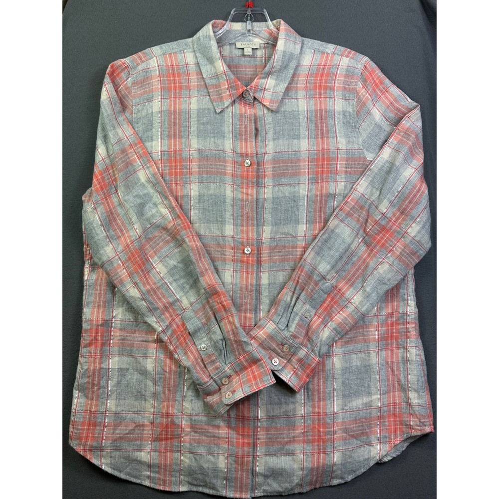 Talbots Women's Large L Plaid Button Down Shirt Grey Pink Silver Metallic Thread